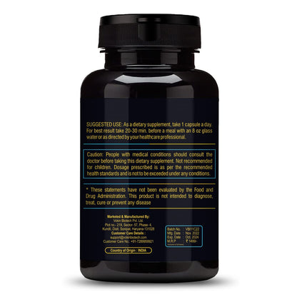Black supplement bottle with yellow text on a white background