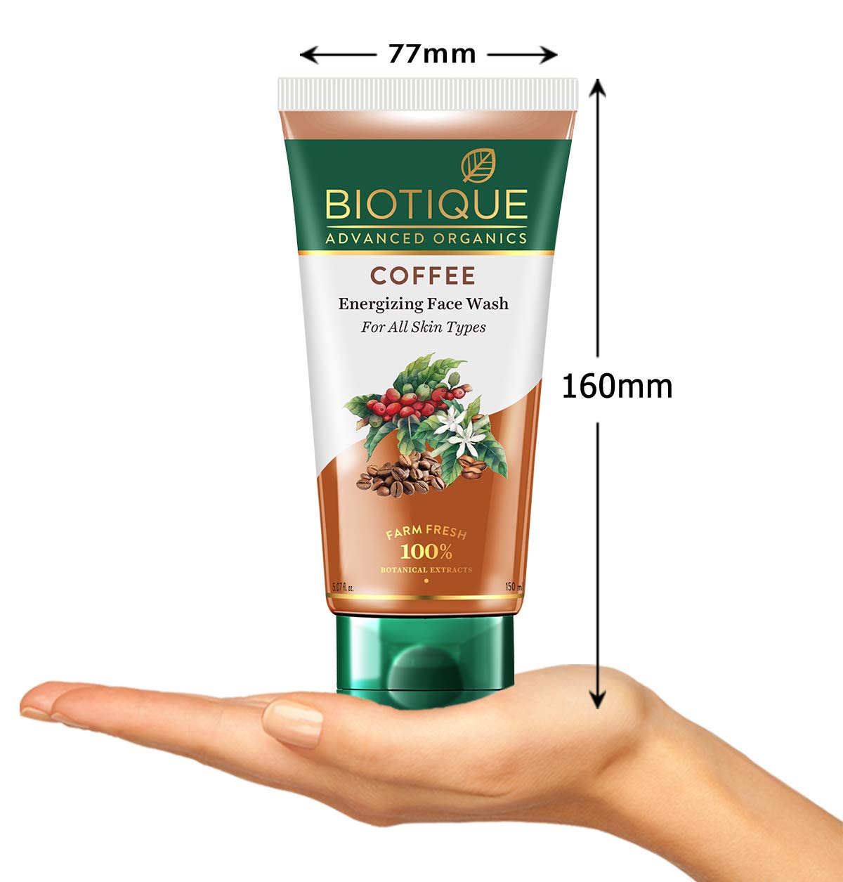Biotique Coffee Energizing Face Wash tube with dimensions and a hand for scale on a white background