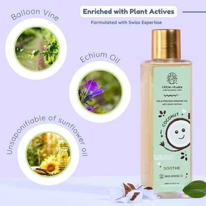 Little Rituals COCONUT BABY MASSAGE OIL Certified Organic, Wood Cold-Pressed for Skin and Hair with SWISS Plant Actives - 200 ml. Dermatologist Tested by Pediatrics, Mild & Gentle & Safe