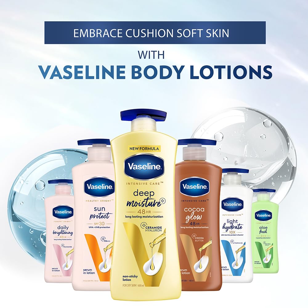 Vaseline Deep Moisture Body Lotion with Ceramide Hyaluron Fillers | 10X More Moisture for Cushion Soft Glowing Skin | For Dry Skin | Lightweight Non-Sticky Formula | 600ml
