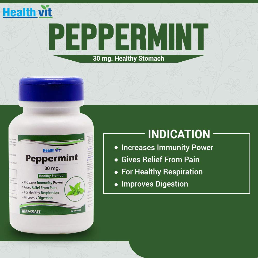 Health Vit peppermint supplement bottle with label on a green and white background