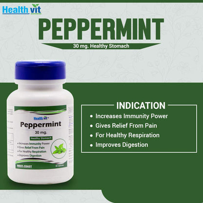 Health Vit peppermint supplement bottle with label on a green and white background