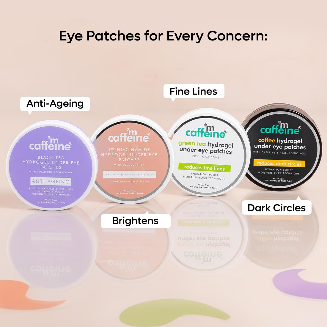 Collection of M+Mcaffeine eye patch containers with labels for different concerns on a beige background.