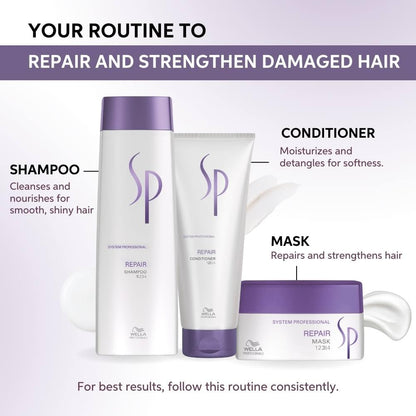 Wella SP hair care products for repairing and strengthening damaged hair on a white background.