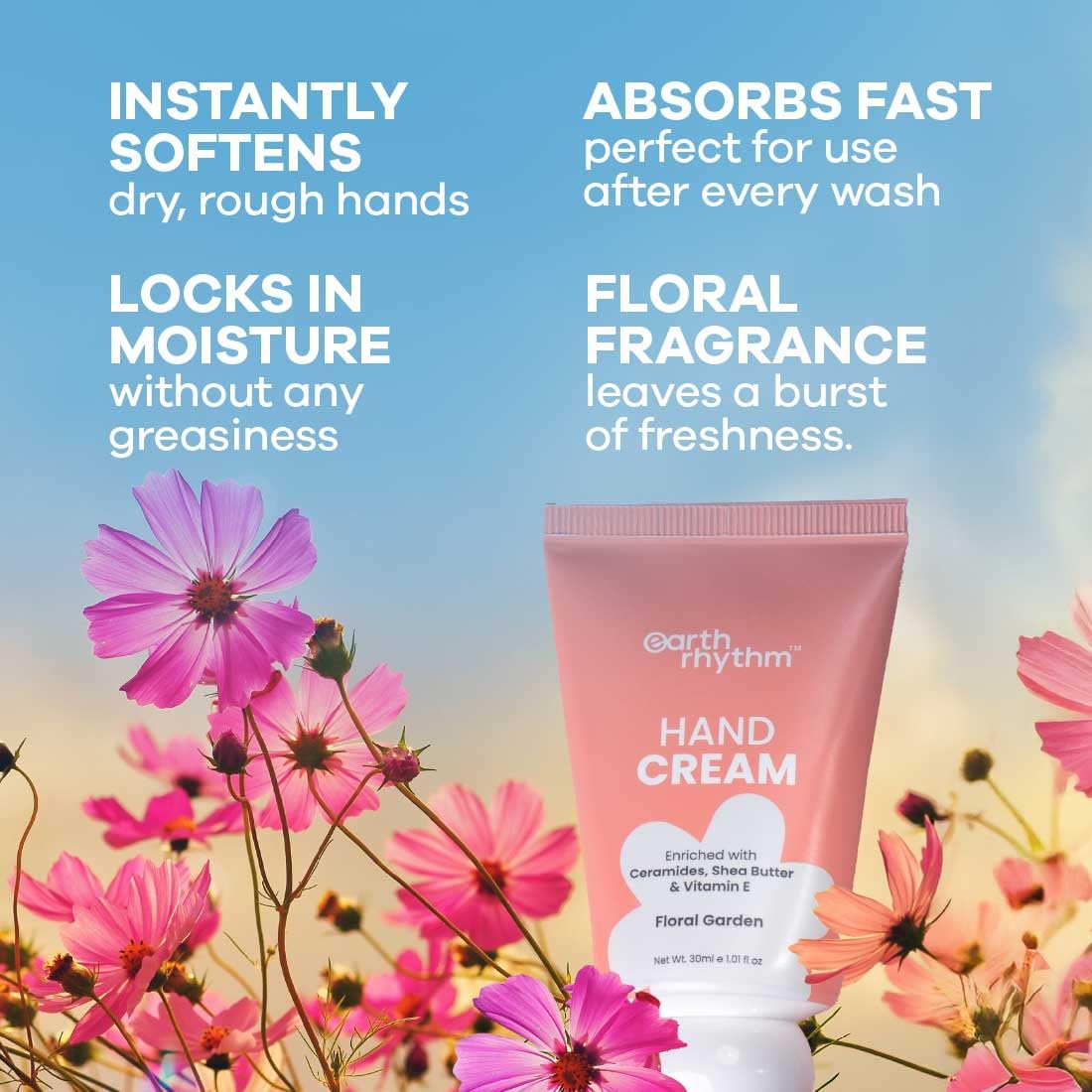 Earth Rhythm Softening Hand Cream, Locks Moisture with Ceramides, Fast Absorbing, No Silicones - Floral Garden