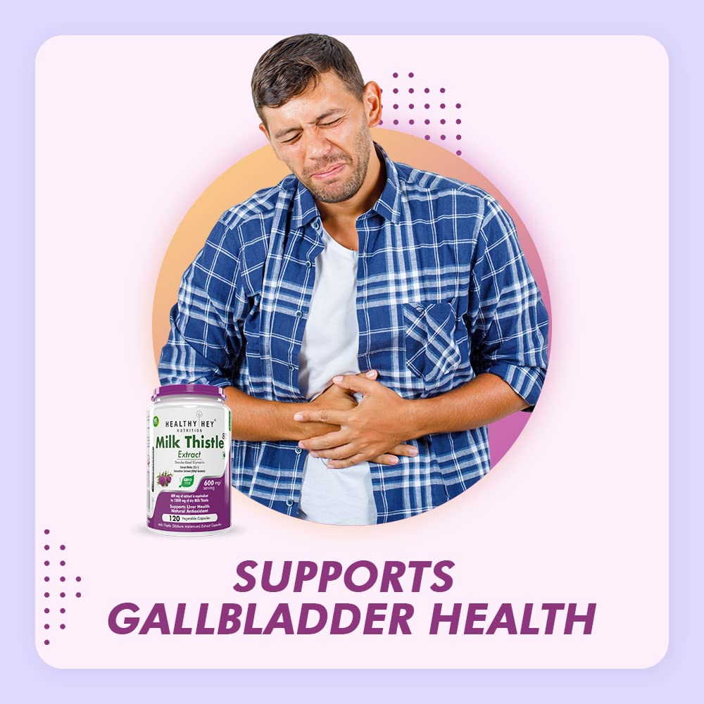 Man holding his stomach with a bottle of Milk Thistle Extract on a purple background