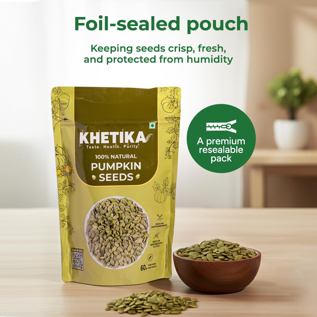 Khetika Pumpkin Seeds I AAA Grade I Raw & Unroasted Pumpkin Seed I Seeds For Eating I Rich in Protein, Dietary Fibre, Omega -3, Magnesium, Zinc