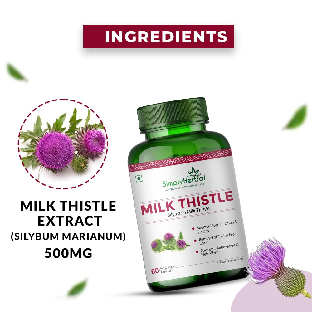 Green bottle of SimplyHerbal Milk Thistle Extract with ingredients listed on a white background