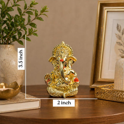 Gold Art India Mukut Ganesha Gold Plated l Ganesh Idol for Car Dashboard | Ganapati Murti for Home Decor | Vinayaka Statute for Puja & Gift 3.2" (GOLDPLATEDMUKUT)