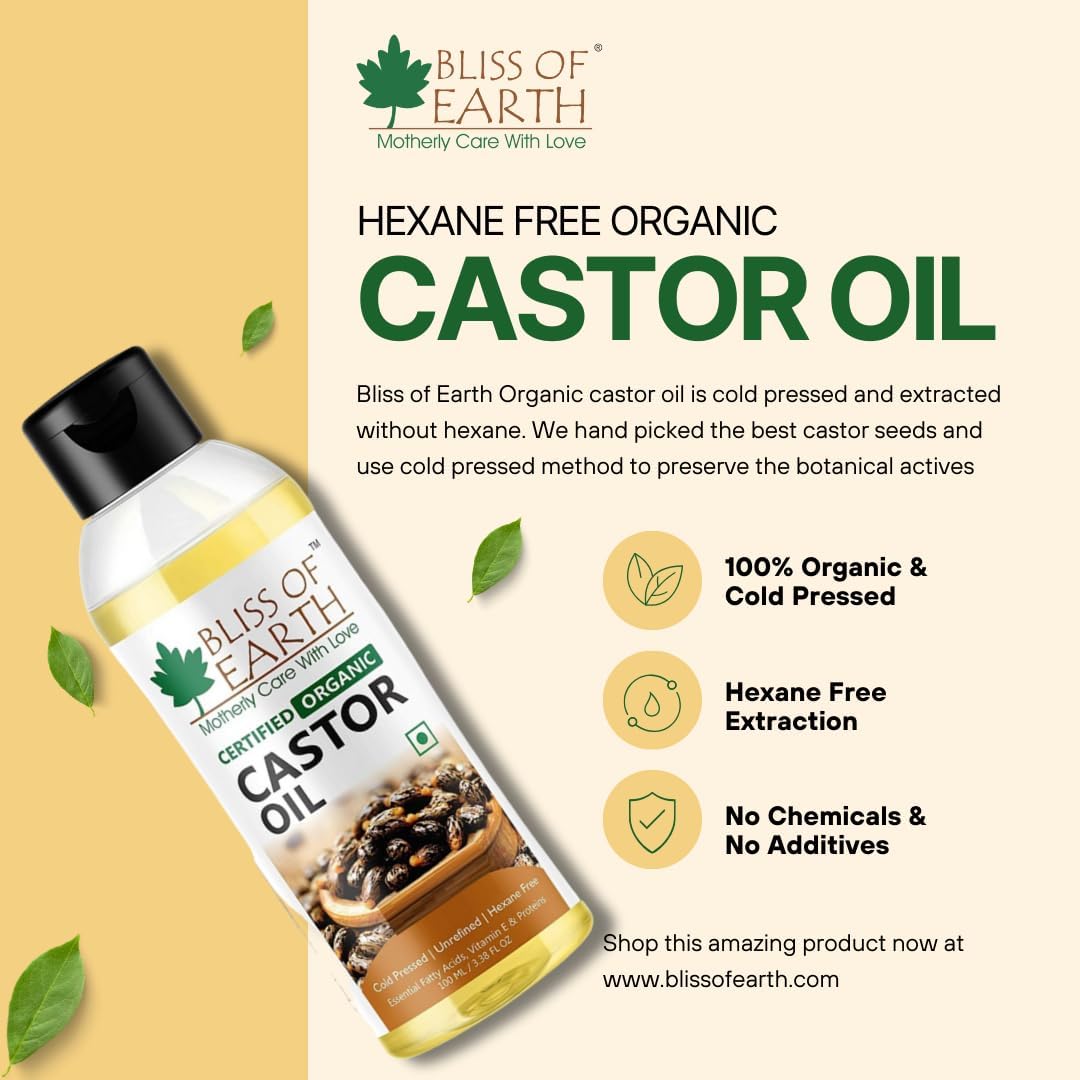 Bliss of Earth Organic Cold Pressed Castor Seed Oil For Hair Growth, Skin & Thicker Eyelashes, Hexane Free Arandi Tel, 100ml