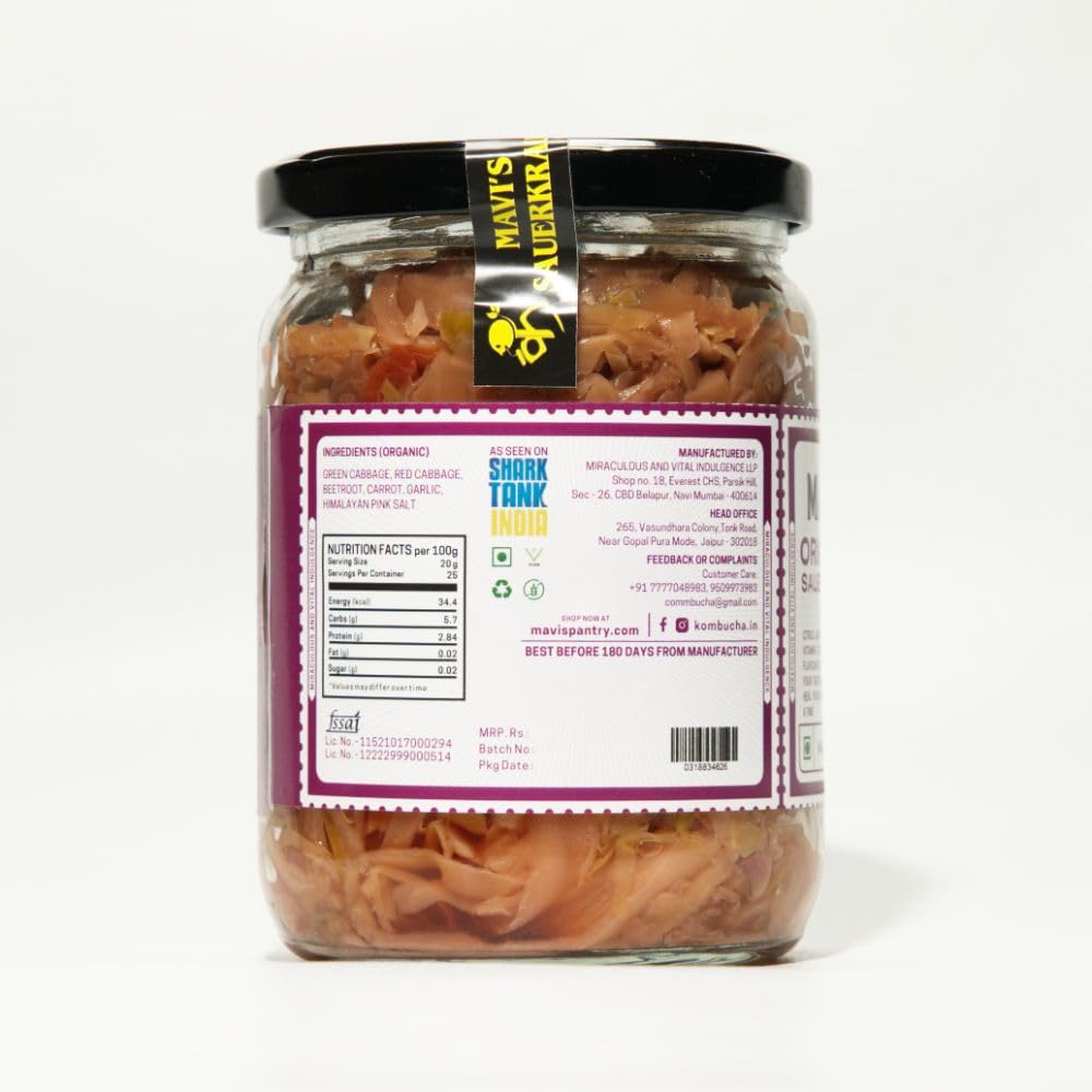 MAVI's Original Sauerkraut| Organic Cabbage & Ingredients| Gut friendly | 100% Natural & Vegan| No Preservatives | No Artificial Flavour or Colour | 500g (Pack of 1)