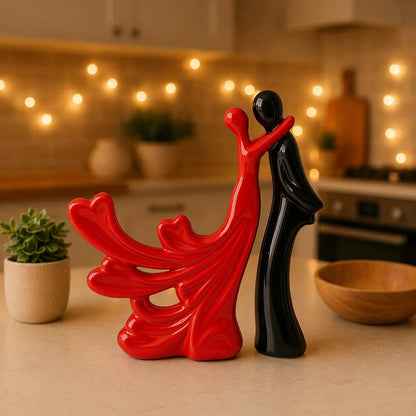 Xtore Passionate Lover Hugging Couple Figure | Beautiful Ceramic Home Decor Statue - (Set of 2, Red & Black)