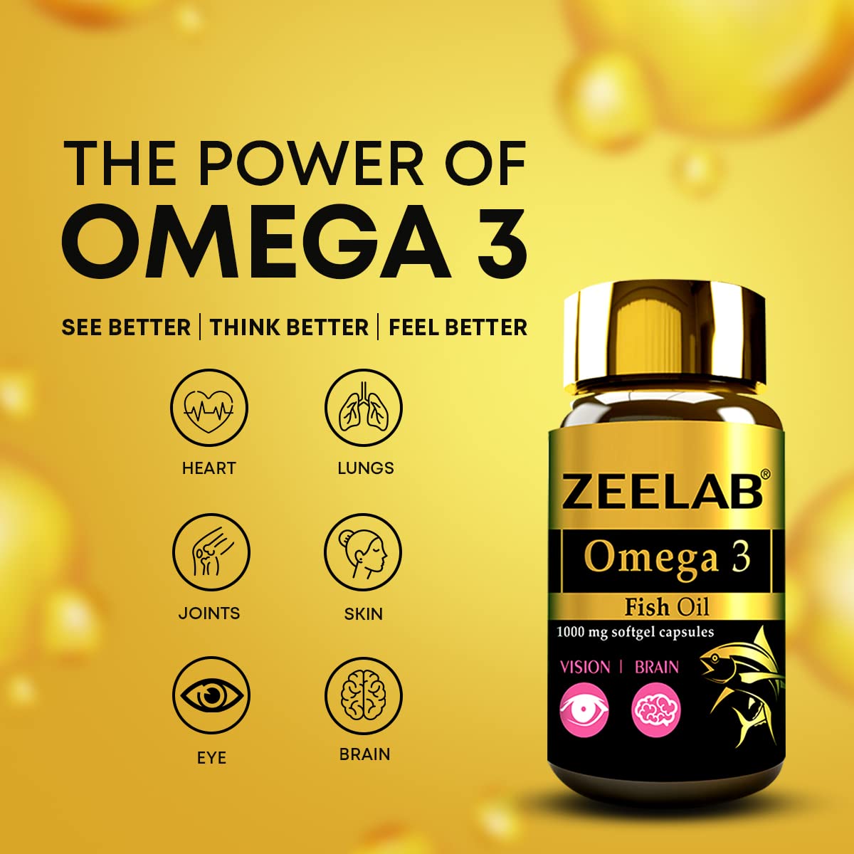 Zeelab Omega 3 Fish Oil bottle on a yellow background with health benefits text.