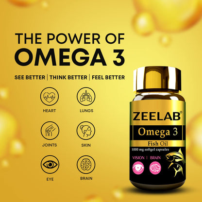 Zeelab Omega 3 Fish Oil bottle on a yellow background with health benefits text.