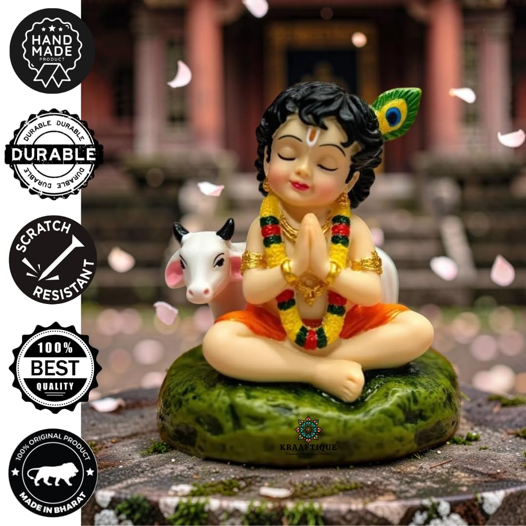 Laddu Gopal Idol with Cow, Resin Bal Krishna Murti for Car Dashboard, Home Temple, Office Desk & Pooja Room, Krishna Statue for Janmashtami, Housewarming & Spiritual Gift, 8 cm