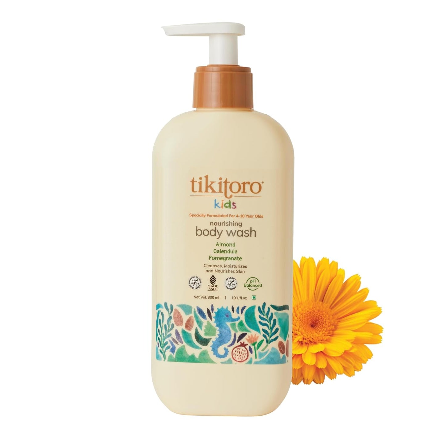 Tikitoro Kids Nourishing Body Wash | Pediatrician Approved | Vegan | Cleanses, Moisturizes & Nourishes Skin | Almond, Calendula, Pomegranate Extract | No Parabens & Sulphates, Age 4+ years (300ml)