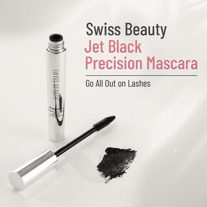Swiss Beauty Jet Black Precision Mascara with wand and product smear on a white background