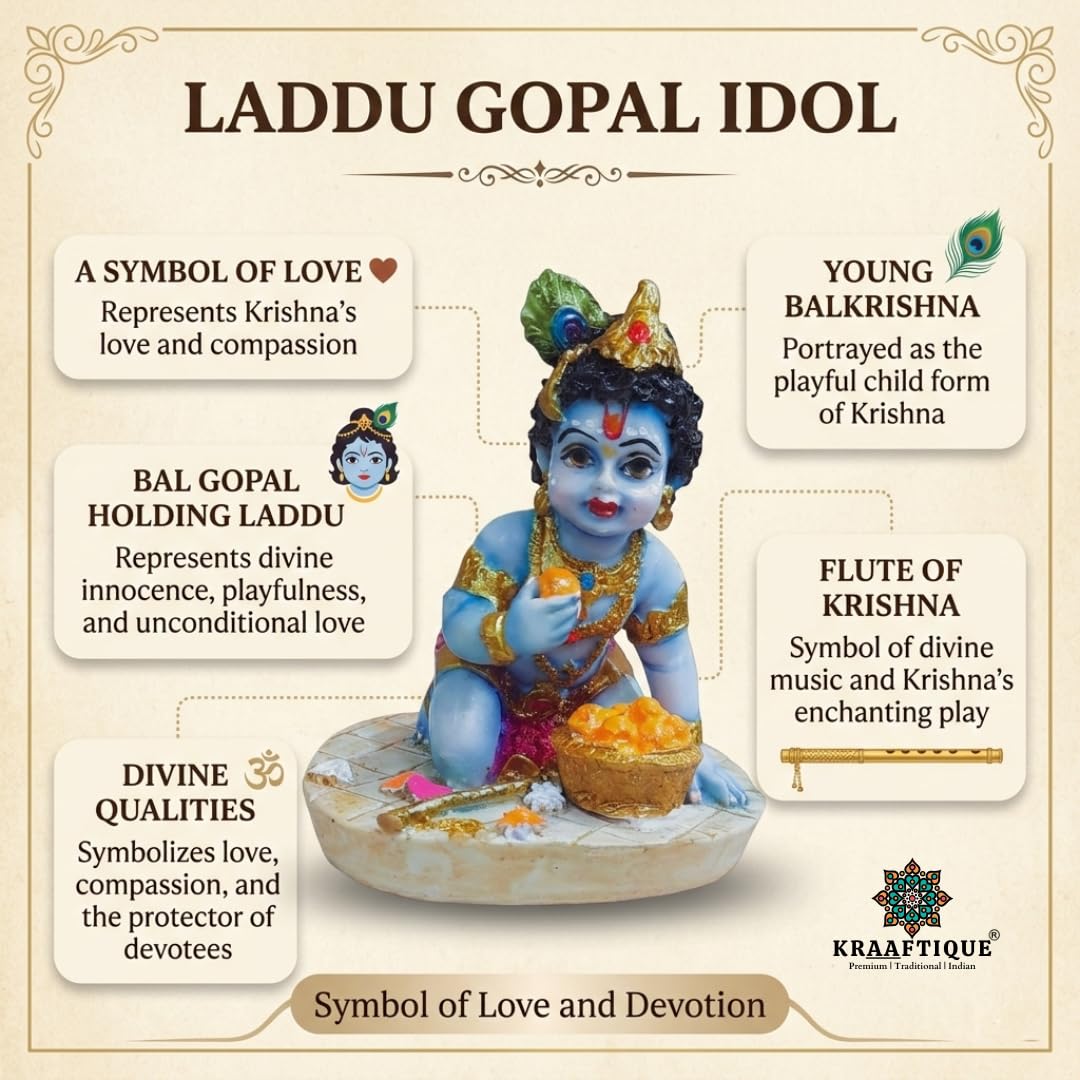 Baby Krishna Idol for Home Temple & Pooja Room | Laddu Gopal Murti, Bal Gopal Makhan Chor Statue, Marble Dust Krishna Showpiece for Mandir Decor, Janmashtami Gift, Car Dashboard Decoration (4 Inch)