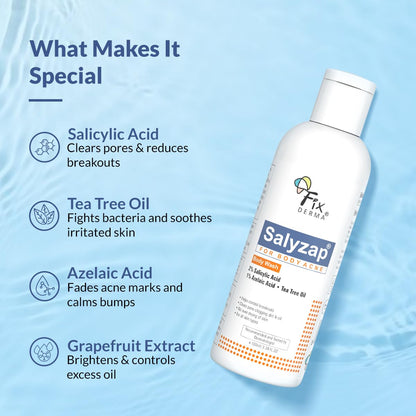 Fixderma Salyzap 2% Salicylic Acid Body Wash I For Acne, Anti Acne Body Wash on Back | Arms Suitable For Acne Prone Skin I Shower Gel For Women & Men I - 100ml