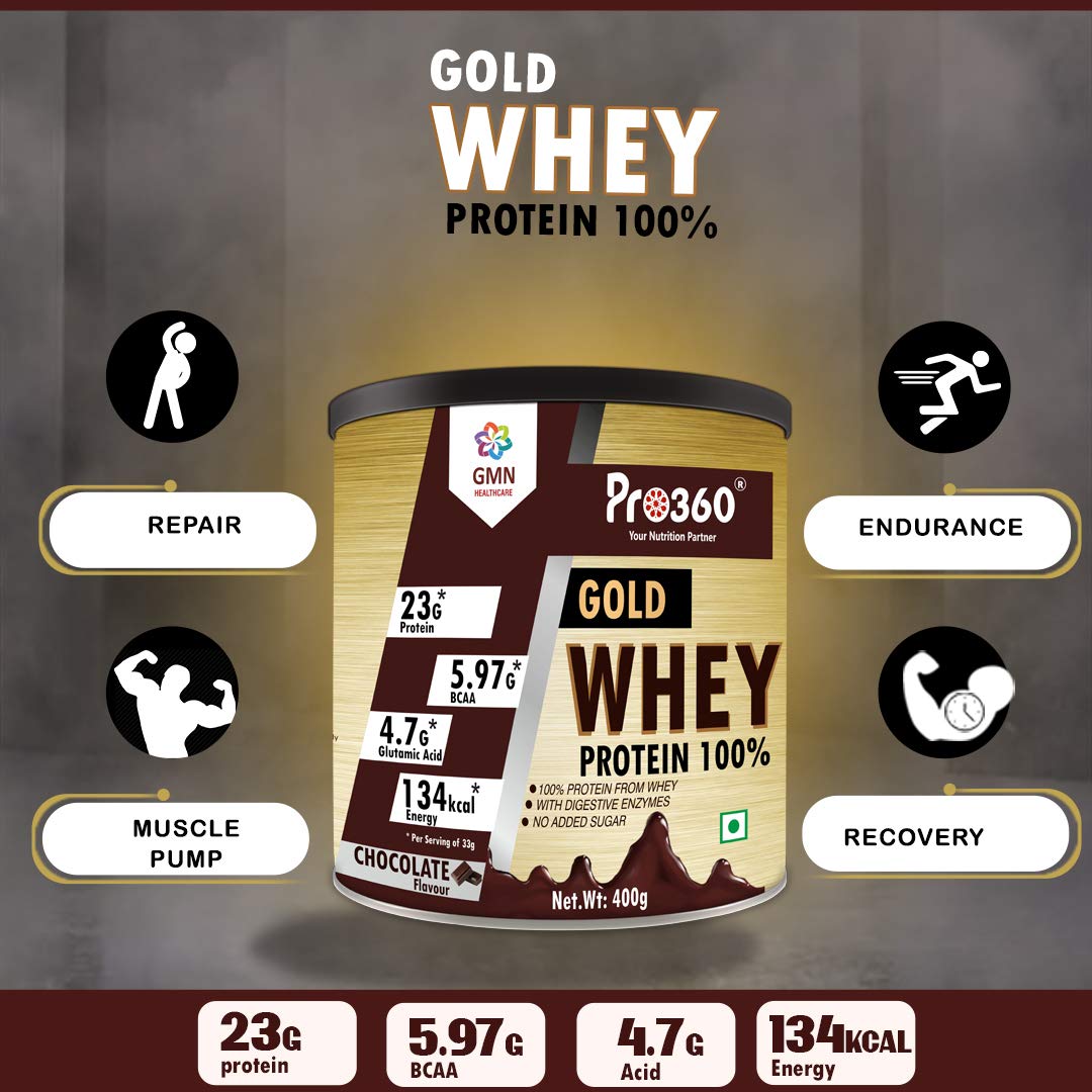 Pro360 Gold Whey Protein - Chocolate - (100% Whey Protein with Digestive Enzymes, 23g Protein, 5.97g BCAA, 4.7g Glutamic Acid per Serving) (400g pack)