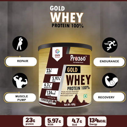Pro360 Gold Whey Protein - Chocolate - (100% Whey Protein with Digestive Enzymes, 23g Protein, 5.97g BCAA, 4.7g Glutamic Acid per Serving) (400g pack)