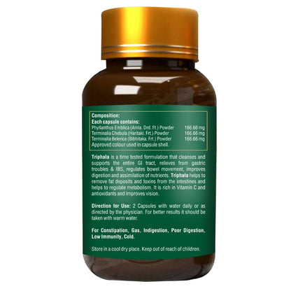 Brown supplement bottle with gold cap and green label on a white background