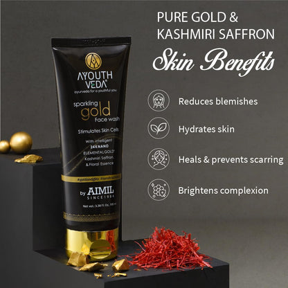 Ayouthveda Sparkling 100 ml Gold Face Wash With 24k Gold & Saffron | Face Wash for Glowing Skin Men and Women | Suitable for Normal & Dry Skin (Pack of 1, 100Ml)