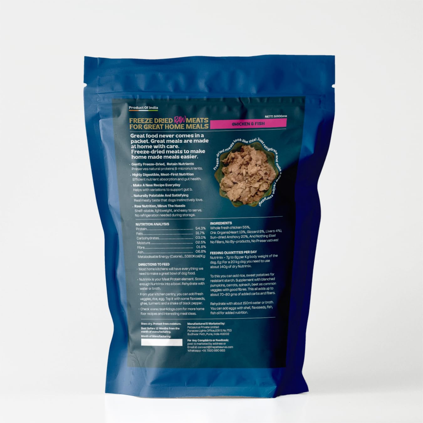 Rawr4dogs Nutrimix Freeze-Dried Meat Toppers | Chicken & Buffalo | for Home Cooked Meals | 54% Protein | Natural and Preservative Free | 500 GMS | Makes 1500 GMS When Mixed with Water