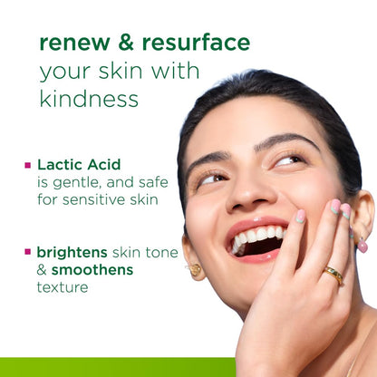 Advertisement for skincare product with a woman touching her face and text about benefits.