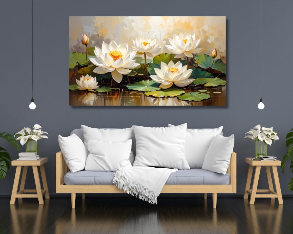 White Lotus Wall Painting Big Size ( UNFRAMED - Rolled Canvas Print only ) – Artistic Lotus Painting for Wall Vastu Landscape, Lotus Flower Painting for Living Room, Bedroom & Home, Luxury Lotus Canvas Painting