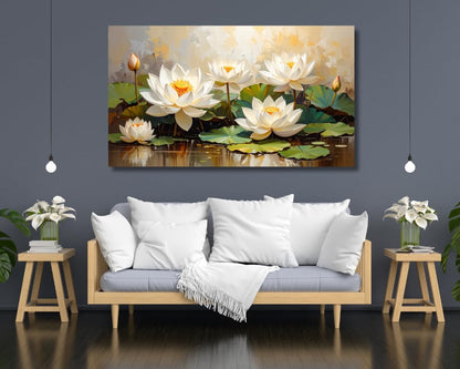 White Lotus Wall Painting Big Size ( UNFRAMED - Rolled Canvas Print only ) – Artistic Lotus Painting for Wall Vastu Landscape, Lotus Flower Painting for Living Room, Bedroom & Home, Luxury Lotus Canvas Painting