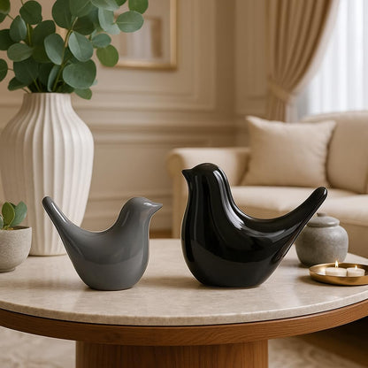 Creative Black and Grey Glossy Ceramic Birds Figurines Home Decorations Accessories Party (Pack of 2, Black and Grey)