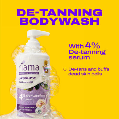 Fiama 4% Detan Serum Exfoliating Body Wash 250ml, 2% Salicylic Acid, 1% Glycolic Acid, 1% Exfoliating Tan Removal Shower Gel, Gently removes dead skin | Exotic Japanese Hokkaido Milk, Punchy Grapefruit Fragrance