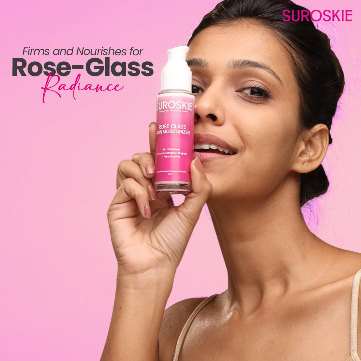 Suroskie Rose Glass Skin Moisturizer 50Ml | Enriched With Collagen, Ceramides & Polyglutamic | 4 In 1 Moisturizer, Glowing, Hydrating & Refreshing Skin | All Skin Types | Skin Care For Women