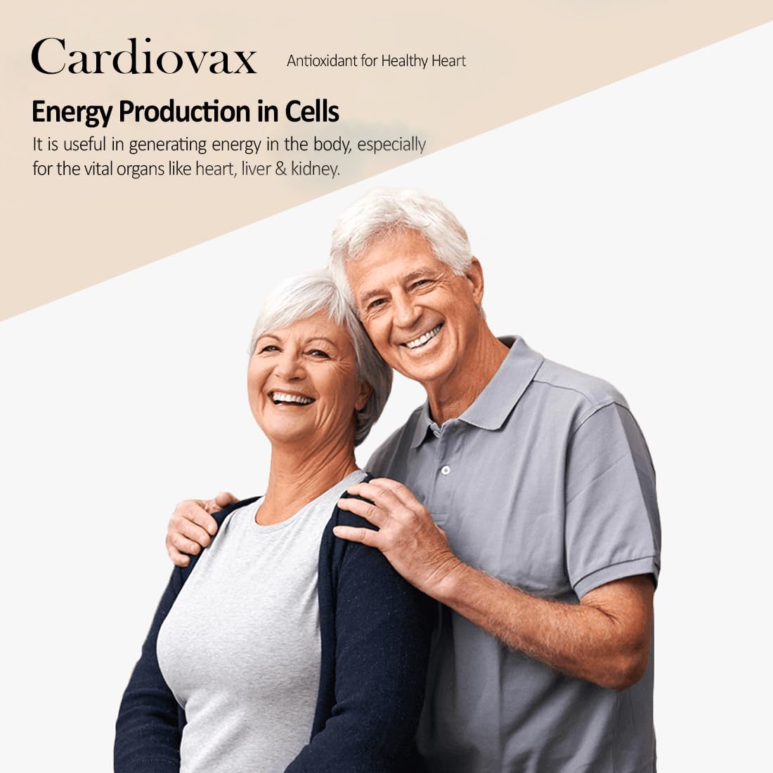 Advertisement for Cardiovax with an elderly couple smiling against a beige and white background.