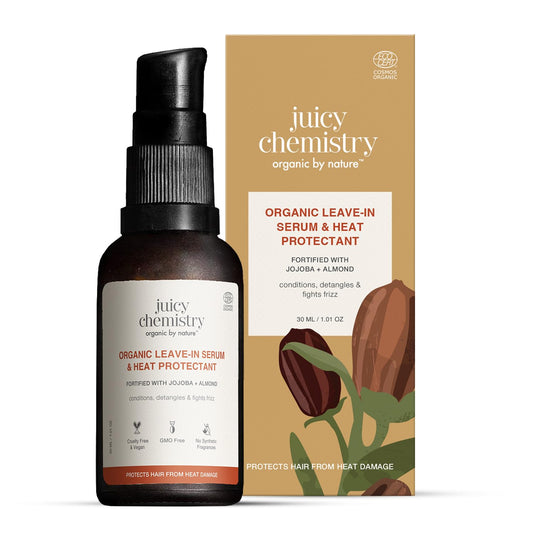 Juicy Chemistry Certified Organic Leave-in Hair Serum & Heat Protectant, 30 ml | Nourishes & Protects Hair | Prevents Dryness & Fizz | Adds Natural Shine | With Jojoba & Almond Oil | Dermatologically Tested | Cruelty Free & Vegan