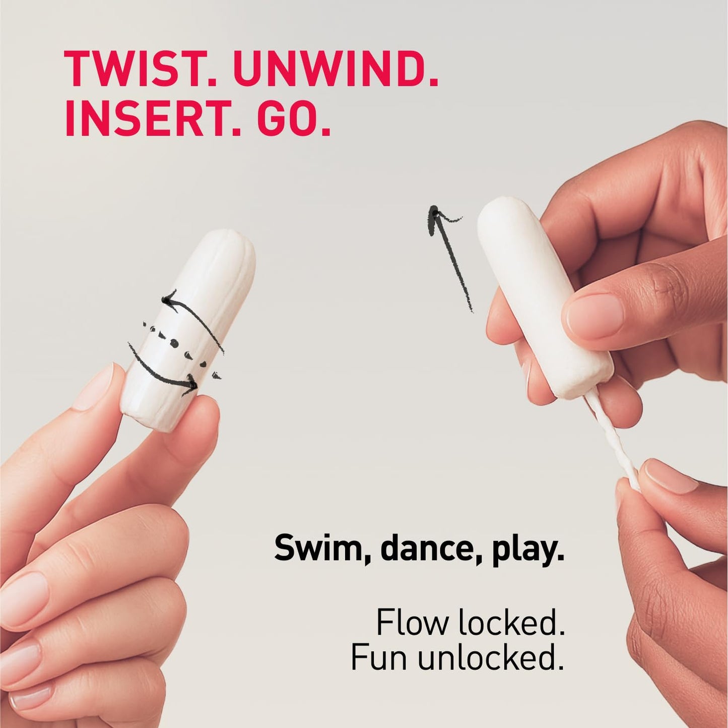 Product with text 'Twist. Unwind. Insert. Go.' and 'Swim, dance, play.' on a light gray background.