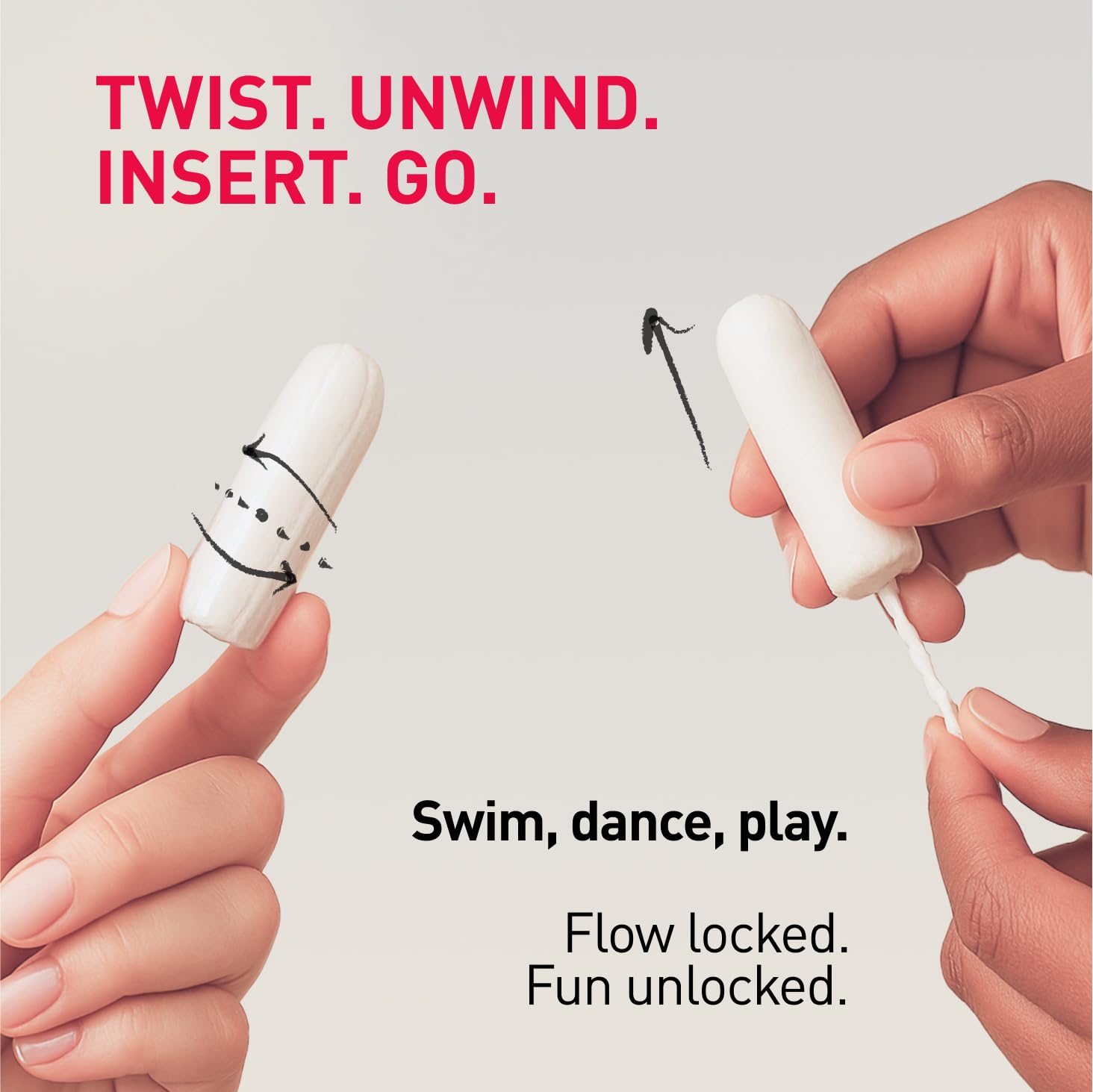 Product with text 'Twist. Unwind. Insert. Go.' and 'Swim, dance, play.' on a light gray background.