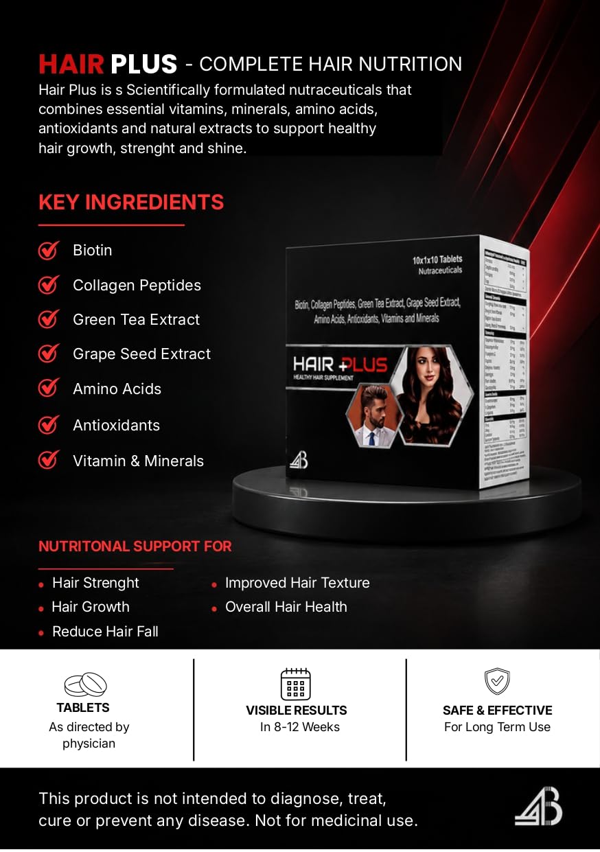 Hair Plus Healthy Hair Supplement Tablets | With Biotin Collagen Peptides Green Tea Extract Grape Seed Extract Amino Acids Vitamins & Minerals | 10 Tablets