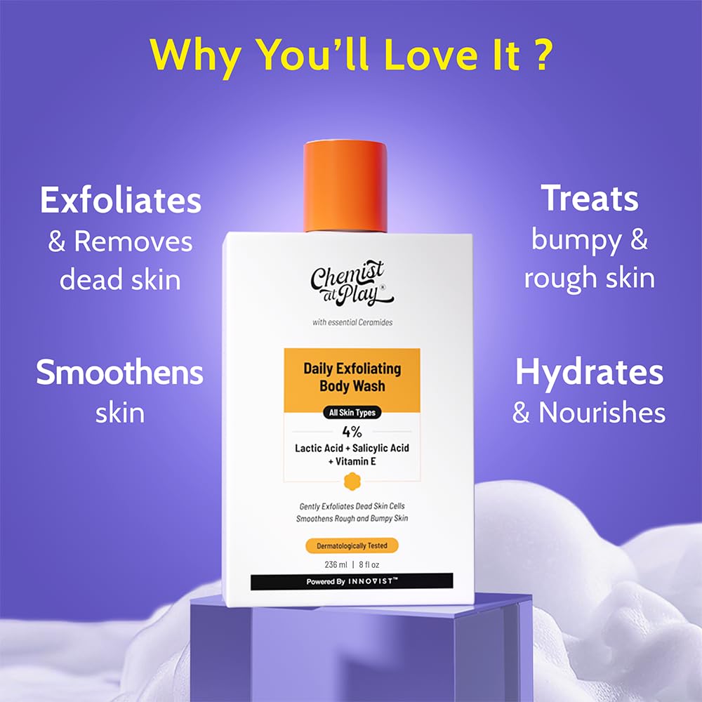 Chemist At Play Exfoliating Body Wash 236ml | 4% (Salicylic Acid, Vitamin E & Lactic Acid) | Paraben & SLS Free | Gentle Exfoliating Shower Gel | Removes Tan | Prevents Dry, Rough, Bumpy Skin | Unisex