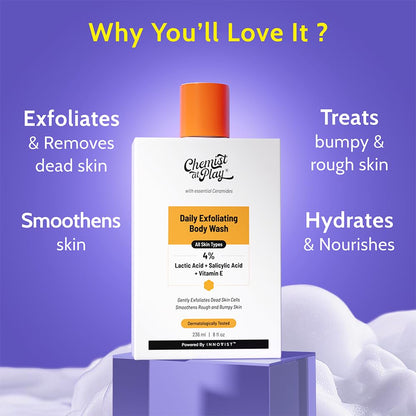 Chemist At Play Exfoliating Body Wash 236ml | 4% (Salicylic Acid, Vitamin E & Lactic Acid) | Paraben & SLS Free | Gentle Exfoliating Shower Gel | Removes Tan | Prevents Dry, Rough, Bumpy Skin | Unisex