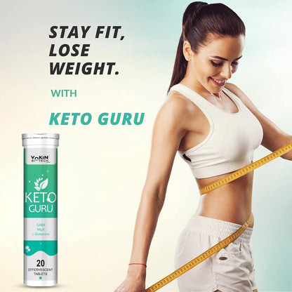 Woman measuring waist with a 'Keto Guru' supplement tube displayed.