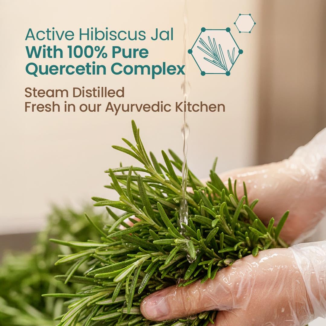 Hand holding green herbs with text about Active Hibiscus Jal and 100% pure Quercetin Complex.