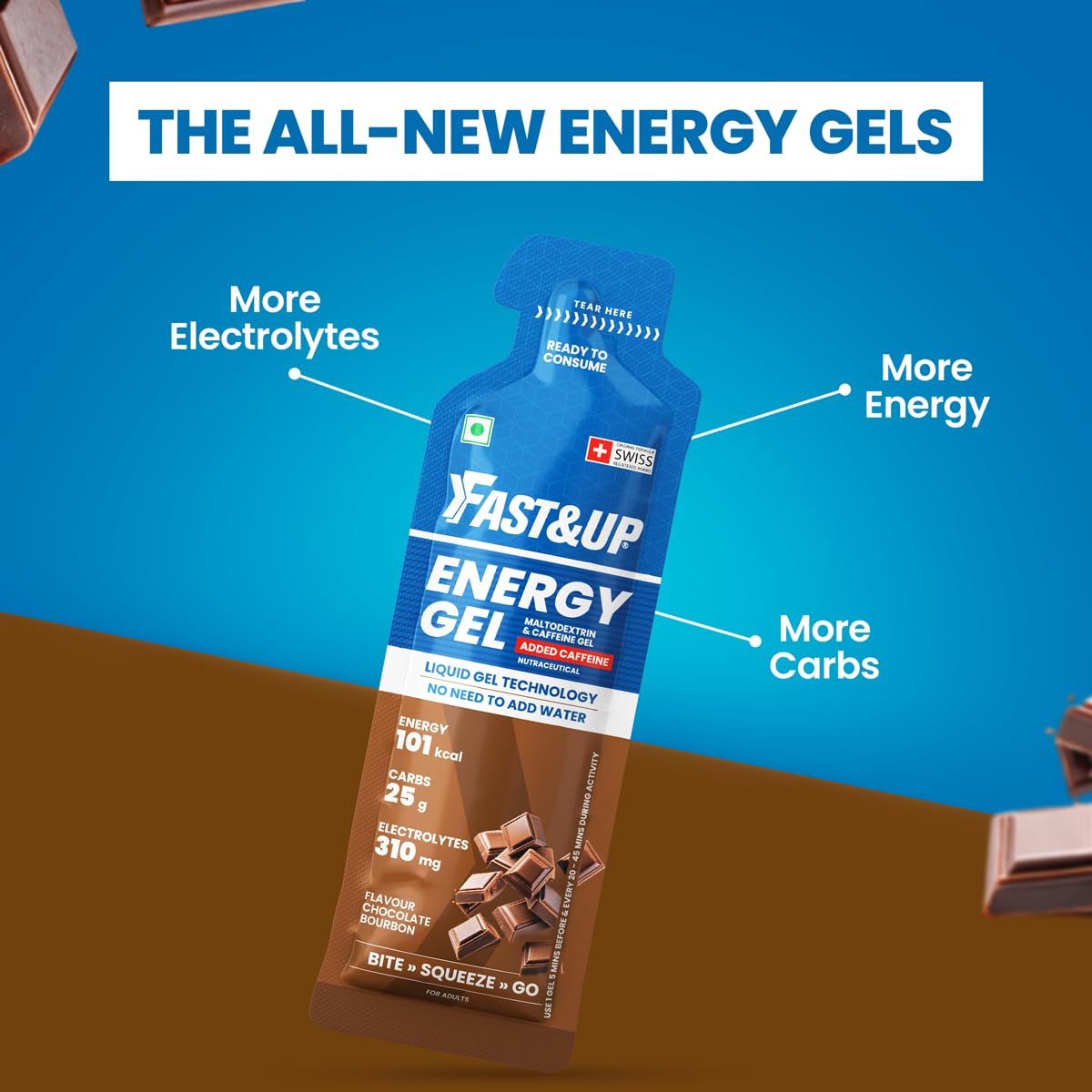 Fast&Up Energy Gel packaging with text highlighting features on a blue and brown background