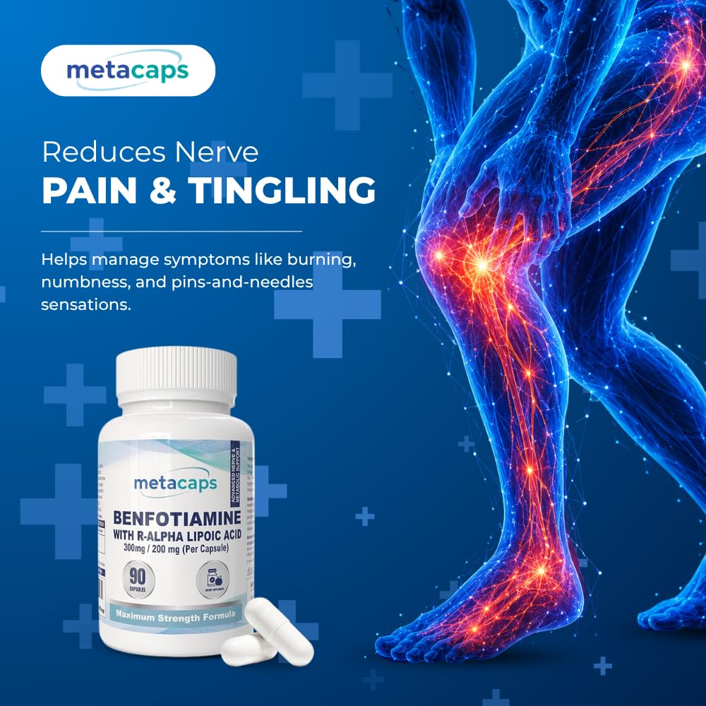 MetaCaps Benfotiamine 300mg + R-Alpha Lipoic Acid 200mg – 90 Veg Capsules | Maximum Strength Nerve Support Formula | Superior Fat-Soluble B1 & Bio-Active R-ALA | Supports Healthy Blood Sugar & Nerve Function | Vegan & Non-GMO