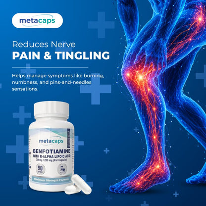 MetaCaps Benfotiamine 300mg + R-Alpha Lipoic Acid 200mg – 90 Veg Capsules | Maximum Strength Nerve Support Formula | Superior Fat-Soluble B1 & Bio-Active R-ALA | Supports Healthy Blood Sugar & Nerve Function | Vegan & Non-GMO