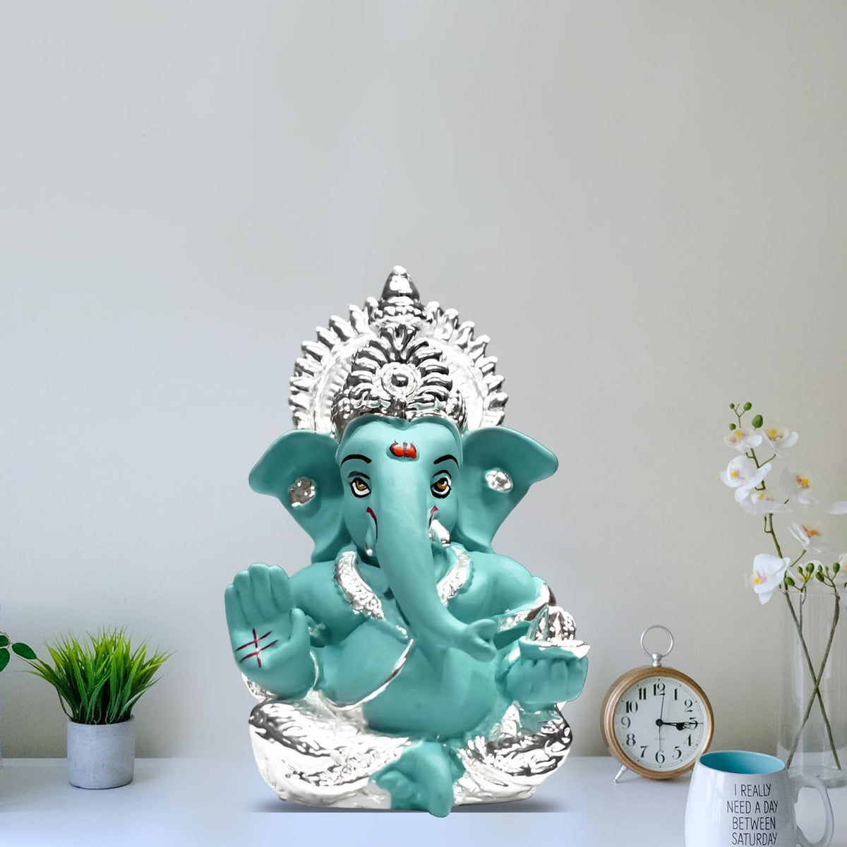 999 Silver Plated Ganesha Idol for Home Decor Puja |Ganesh Idol for Home Decor Ganpati for Gift 3.5 inches |Ganesh Statue Gift for Office Desk Puja Room Figurine (8.89 x 5.08 cm) (Blue)