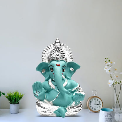 999 Silver Plated Ganesha Idol for Home Decor Puja |Ganesh Idol for Home Decor Ganpati for Gift 3.5 inches |Ganesh Statue Gift for Office Desk Puja Room Figurine (8.89 x 5.08 cm) (Blue)
