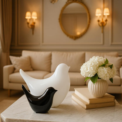 Creative Black and White Glossy Ceramic Birds Figurines Home Decorations Accessories Party (Pack of 2, White and Black)