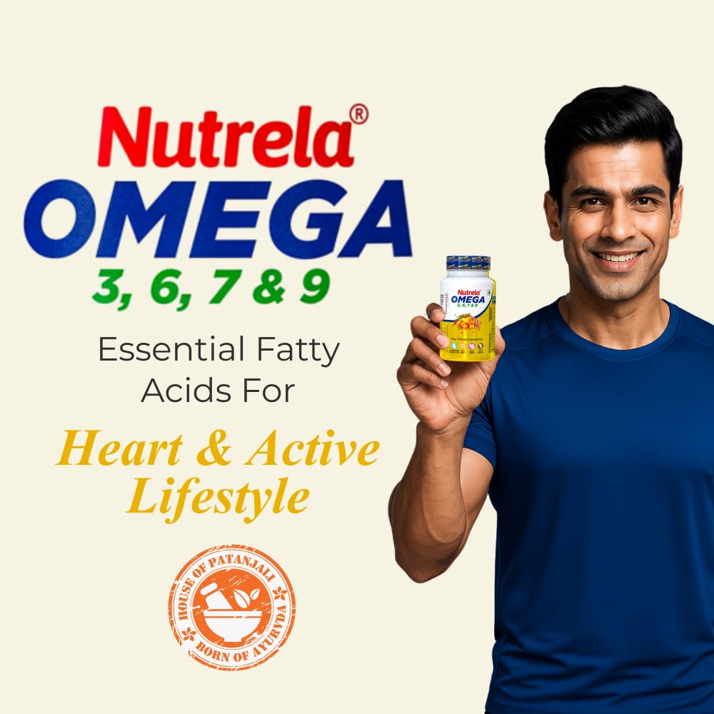 NUTRELA Patanjali 1500 mg Omega 3 6 7 9 for Men & Women - 60 Veg Softgel | Strength Supplement for Muscle, Bone, Heart, Eye, Skin & Brain with EPA 200mg & DHA 150mg